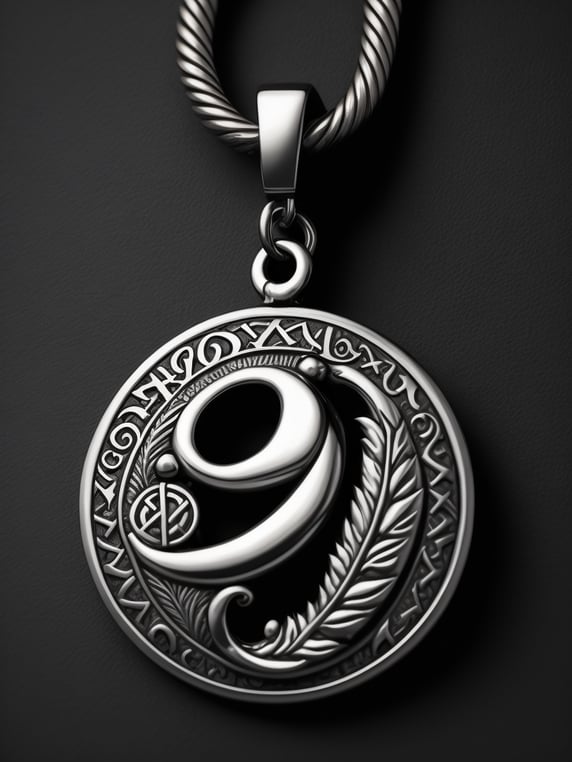 Dark Silver round amulet with ancient runes, contrasting light, dark atmosphere, high details, handmade, victorian gothic style, black background