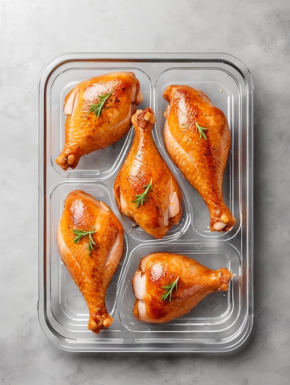 chicken legs prepared for frying in a transparent plastic tray, top view, isolated, mockup
