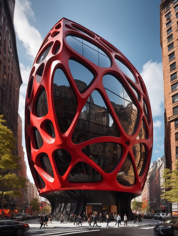 the craziest, bentwood, far view lens architectural modern style hyper realistic hyper detailed neocosmic exterior architecture design of a wasp Fluid complex facade, geometric shapes spectrum, black::1 red:3, Antoine Blanchard architecture art style, in new York city, dramatic ambient, natural lighting
