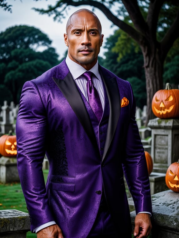 a mesmerizing Dwayne Johnson, dressed withan elegant roccoco orange and purple suit, as Halloween sinister character in a cementery, night light, Halloween atmosphere, in the style of painting by Gustav Klimt and horror film, in style of film photography sinister by van Eyck