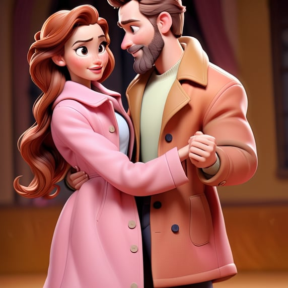 Young beautiful couple: woman with long dark brown hair and a pink coat dancing with a man with auburn hair and beard wearing a caramel coat, with white shirt.