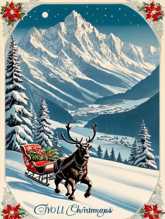 Yeti in a front of Austrian, Tyrol vintage Christmas postcard illustration brimming with nostalgic winter scenes, adorned with sleigh bells and delicate snowflakes