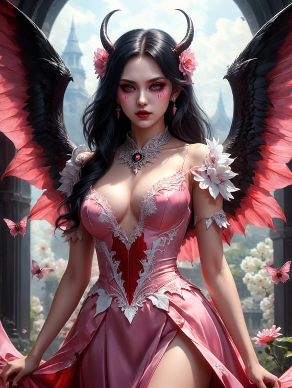 an anime vampire, pink dress with a flower design, black hair, one eye pink-one eye blue, white wings, red devil horns, a girl