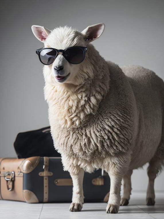 a sheep wearing sunglasses standing beside a travel luggage, studio white background, sharp detail