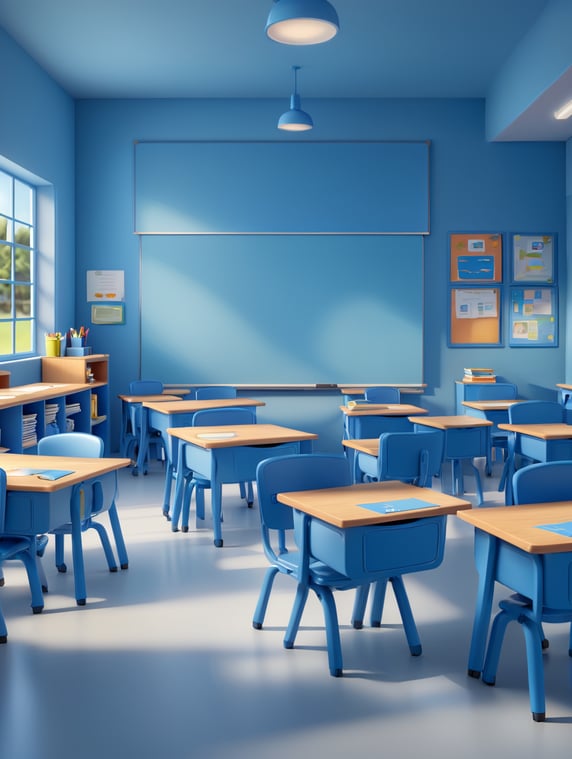Classroom, with desks next to it, in a shade of blue; Sala de aula, com carteiras ao lado, em tom de azul