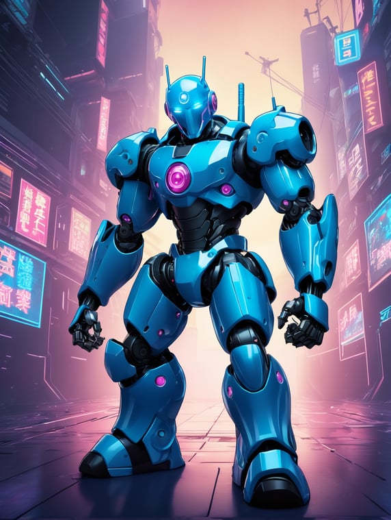 Isometric cyberpunk fighting robot, manga style,