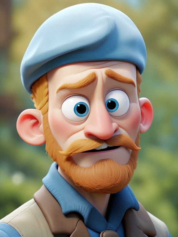 Albino man, blue eyes with a brown litle beard wearing a beret of the same beard color, square jaw shape