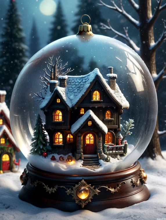 Christmas transparent ball with falling snow and fairy house
