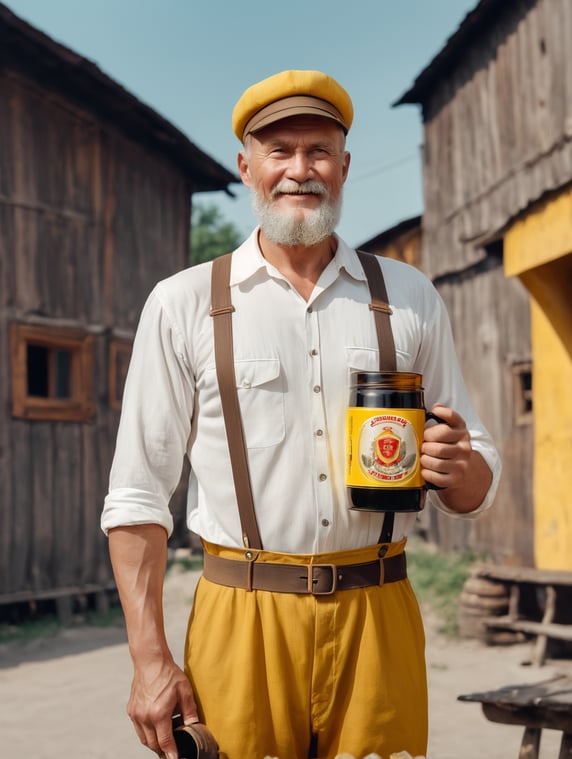 A Soviet man in a white shirt and cap holds a mug of kvass in his hands, a Soviet yellow barrel of kvass can be seen in the background