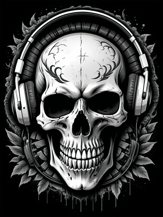 Black and white game over Skull Gaming Logo, linocut, vintage dead head or skull of gamer in headphones, vector image