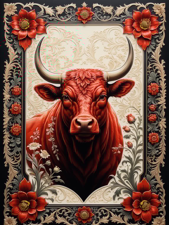 duochrome ink red on cream letterpress print of folk bull and flowers ornate frame design, empty space in middle for text, in the style of William Morris
