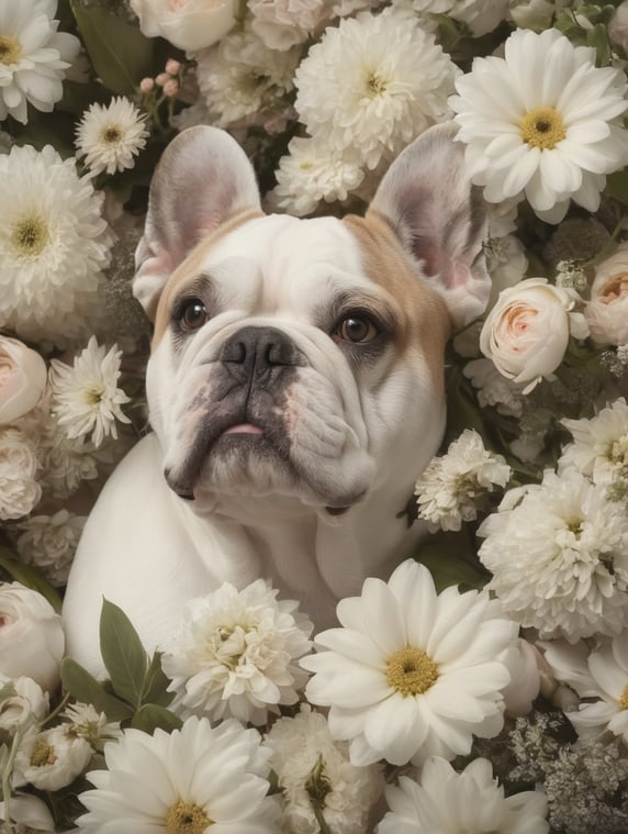 frenche bulldog flowers floral pile pet photography stock photo conceptual art photorealistic animal portrait nature inspired whimsical composition