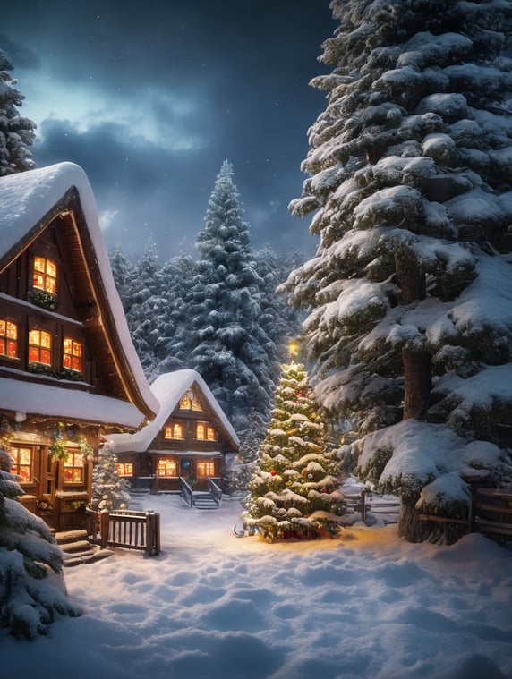 A close-up landscape photo of a off-center pine tree and layered snow in the theme of a Christmas village, bright and saturated colors, depth of field