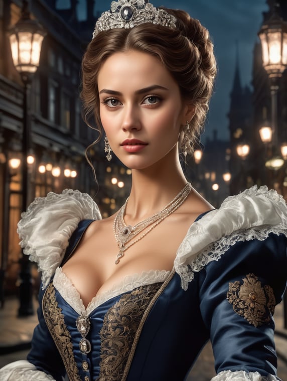 Detailed close-up portrait, front view, waist-high portrait of a handsome powerful 28-year-old woman in the image of an elegant aristocrat in a luxurious Victorian s clothes, in the background a night street of Victorian London, high detail, high contrast and clarity, octane rendering, book cover, concept art, artistic, 8k, photography, photorealism, dramatic, romantic, gothic, epic, cinematic lighting