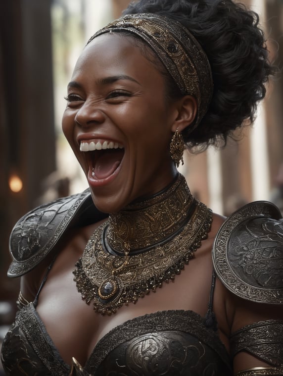 a very beautiful mixed race woman with black skin laughing out loud; une très belle femme métisse à la peau noire rigole à outrance