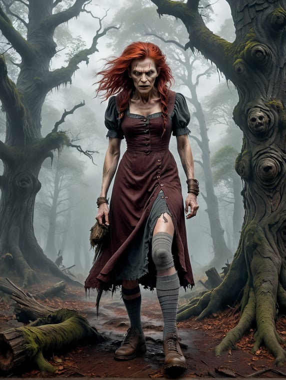 An old witch, not very tall and overweight, wild red hair and pale grey skin. dressed in a tattered dark maroon dress buttoned up to the neck with grey torn stockings and old battered shoes, very ugly face with a big nose and warts, bent over, viewed from the front. Looking unhappy and shaking a fist. standing by an ancient tree in a dark scary wood. Mist in the background