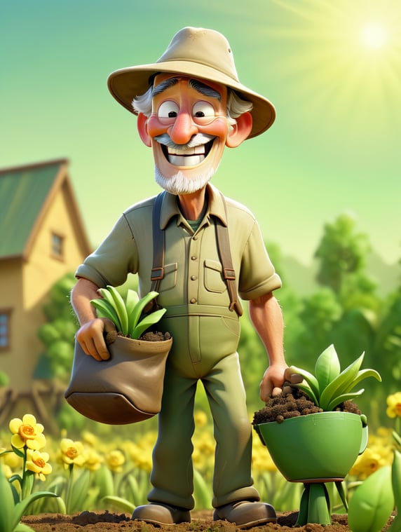 Old male farmer standing in a field, pouring dried manure pellets from a bag onto a large blooming plant. The farmer smiles and wears overalls and a wide-brim hat.