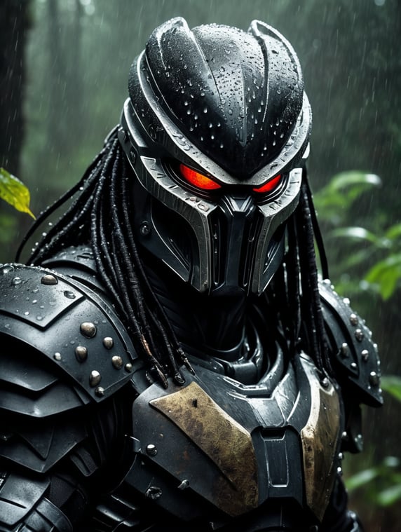 A dramatic, high-quality photo of the Predator in intense close-up. The iconic alien hunter's featureless face is illuminated by flickering raindrops as water streams down his helmet and armor. The dark, moody scene is set by the pouring rain, creating a sense of danger and suspense. The background reveals a grim forest, further enhancing the cinematic atmosphere of the image., photo, cinematic