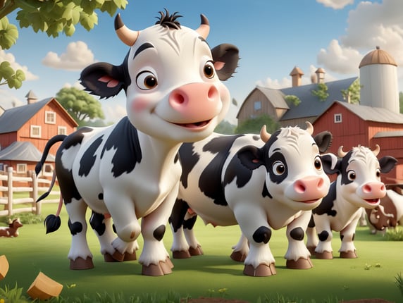 Draw small holstein cow, cow farm background, sharp details, highly detailed, hyper-realistic