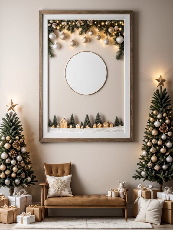 vertical frame wall mockup, nursery with christmas decorations, neutral colors and christmas lights