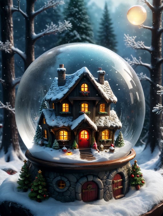 Christmas transparent ball with falling snow and fairy house, Santa, Christmas three