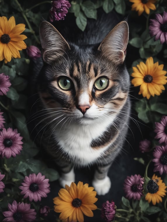 A Salem cat is surrounded by black flowers, looking up at the camera, a stock photo, conceptual art, photorealistic