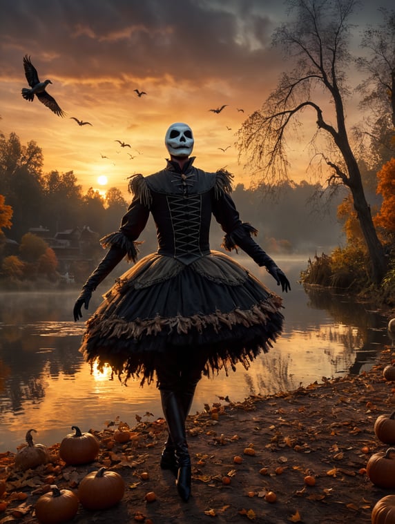 By A24, chilling Halloween dusk, scarecrow dancing the swan lake, ballet, surreal fright, Halloween charm, cinematic photography, action shoot, movement, epic, high definition