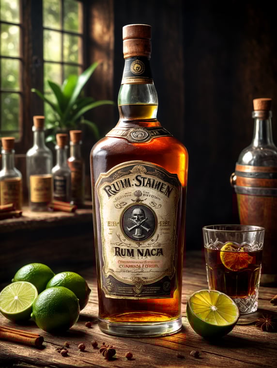 professional photo of a rum vintage bottle on a rustic table surrounded by lime, cinnamon Jamaica pepper, dramatic light