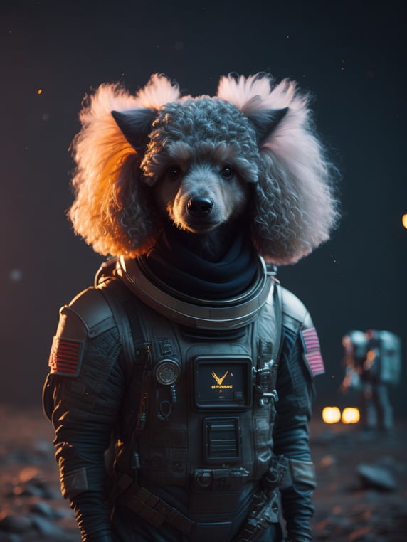 A curly poodle like a Rocket Raccoon from Guardians of the Galaxy wearing astronaut costume on the Mars