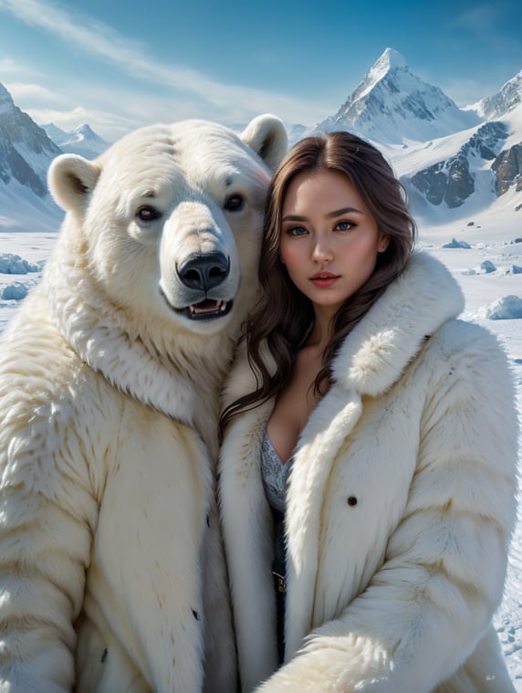 selfie of young woman wearing a thick white fur coat with a polar bear, polar location, ice and snow, cold environment, highly detailed