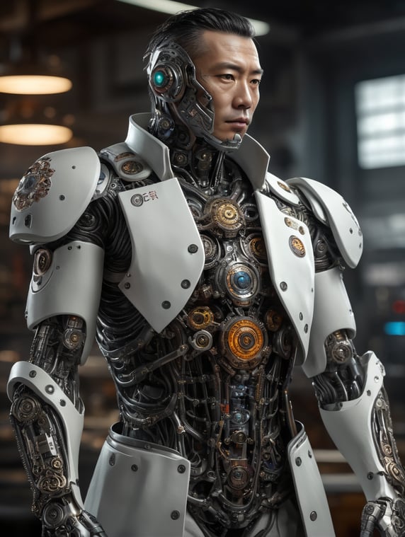 Japanese cyborg in lab coat