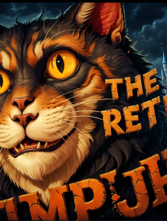 Majestic Drakula cat in front of a horrifying castle, "the Return of the Vampurr" text on a poster
