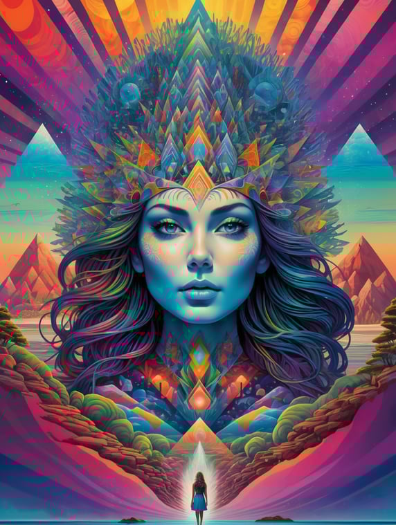 psychedelic dreamscape, a surreal and trippy artwork of a woman standing on a shore, surrounded by geometric shapes and vibrant colors. the art style is reminiscent of dan mumford and alex grey's cosmic lsd poster art.