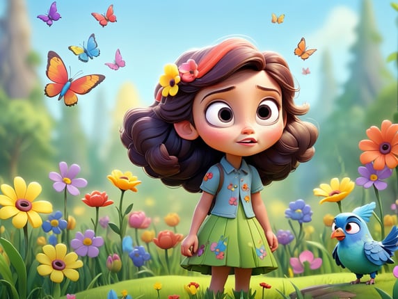 Little girl in spring landscape with multicolored flowers, birds, butterflies paint style cartoon