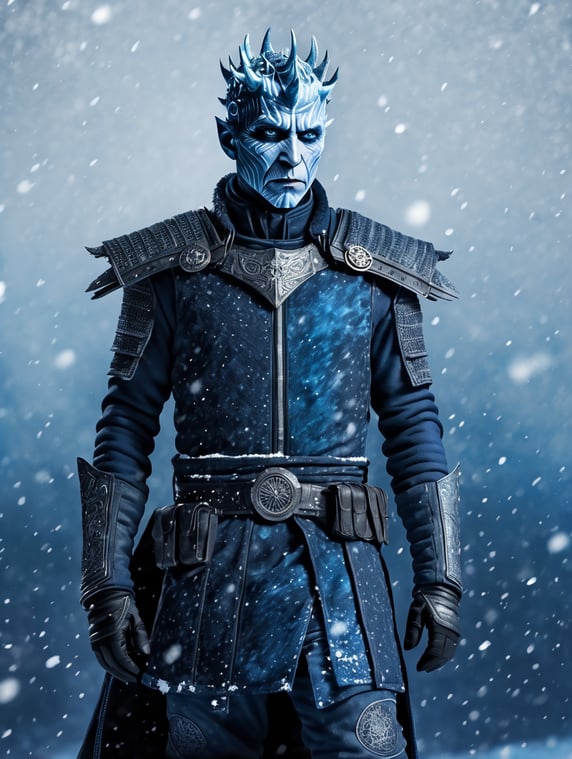 Night King, dark blue snowy background, wearing modern clothes, hyper realistic, hyper detailed male post-apocalyptic full body outfit, male character concept,
