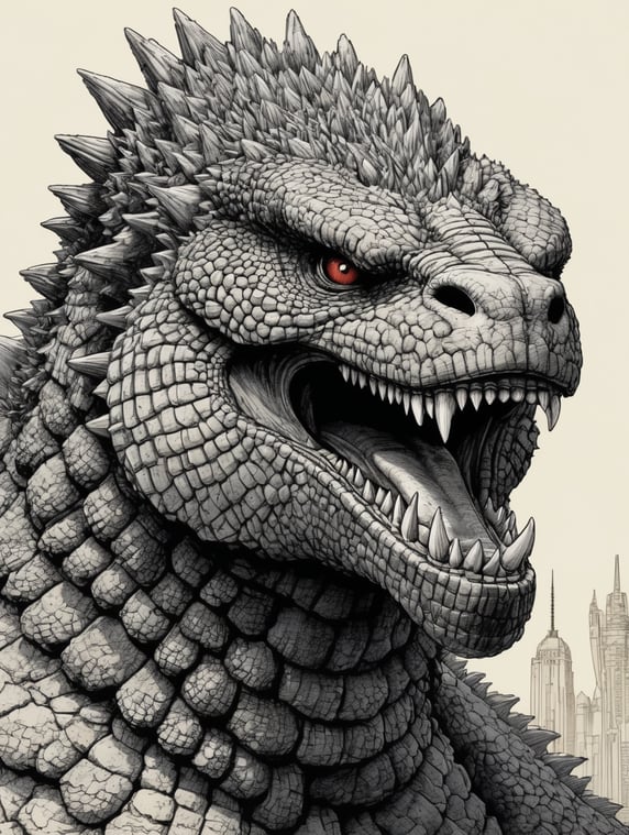 Detailed pen and ink illustration of a godzilla, head only, detailed anthropology, minimalist background, by herge, in the style of tin-tin comics, style bear pride, detailed, high quality