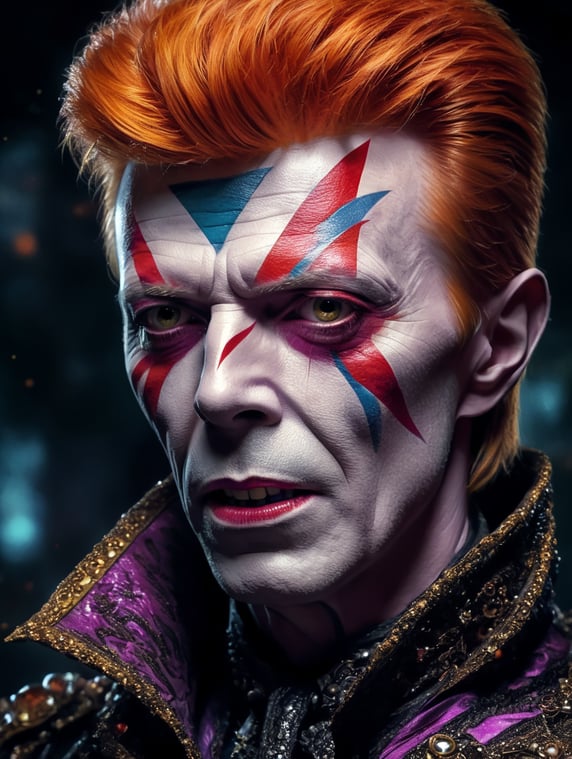 David Bowie as an evil character wearing spooky Halloween costume, Vivid saturated colors, Contrast color