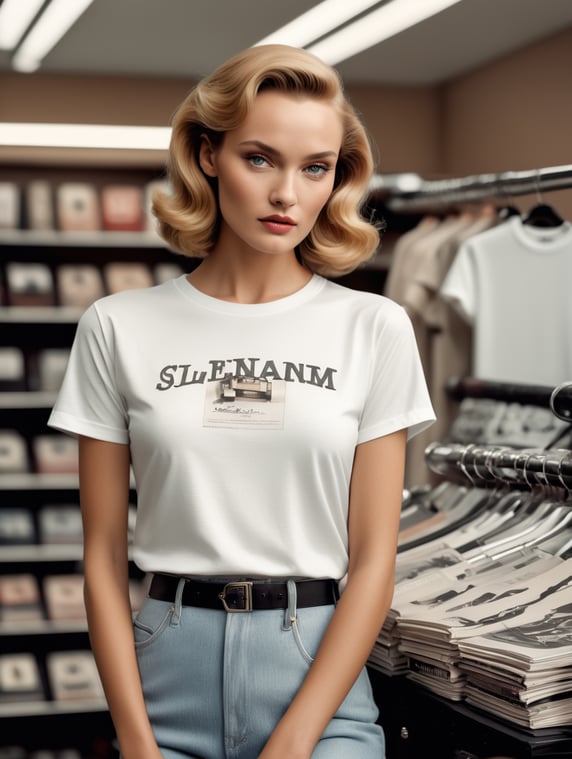 Extremely detailed photographic image, grained image, beautifully composed, monochrome image, 50's fashionable image, fashionable magazine photography, leica summicron 35mm f2.0, kodak 400tx, fashion photography, fashionable model, william s. burroughs, Woman wearing blank white T-Shirt in Clothing Store Mockup, mock up