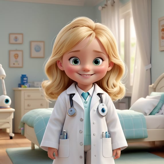 a little blonde girl with a harmonious smile wearing an all-white doctor's coat, in the bedroom of the house. In the background, the bedroom contains a double bed, with pillows.