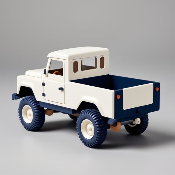 Small toy landrover jeep pickup designed by Dieter Rams. Oversized wheels. Ultra minimalist industrial design. Oak and injection molded plastic. Full object in view. Wide hull. Navy blue with white roof
