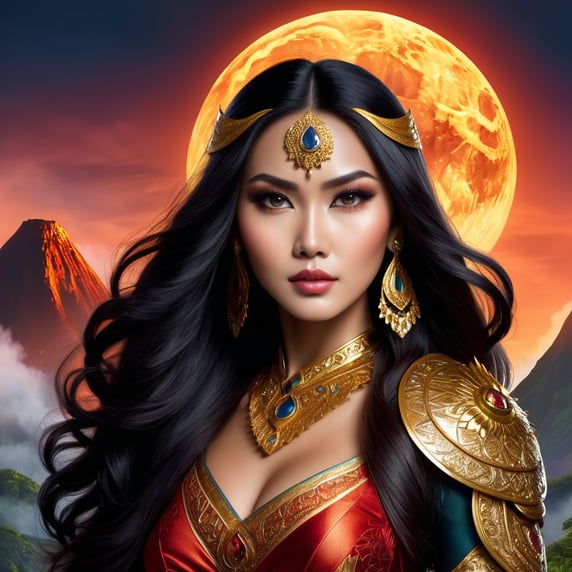 Superhero marvel style, beautiful woman, long hair, sexy body, Javanese ethnicity, superhero costume, standing still, volcano, night ultrarealistic, hyper detailed