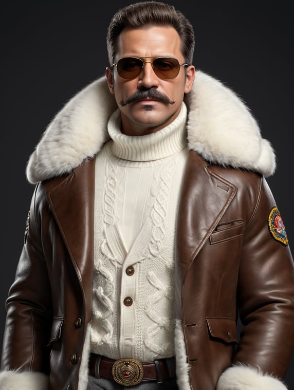40 year old man with dark hair, mustache, sunglasses. Dressed in a white turtleneck sweater and a brown sheepskin coat with fur on the collar.; Uomo di 40 anni con i capelli scuri, i baffi, gli occhiali da sole. Vestito con un maglione bianco a collo alto e sopra un montone marrone con il pelo sul colletto.