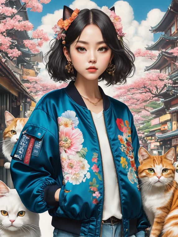 Magazine cover poster, upper portrait of anime girl with cat, ultra detailed, cel shading, artistic, shibuya fashion, harajuku fashion, mucha, frida kahlo, vivid floral oversized sukajan bomber jacket, trends of pixiv, headline, logos labels, badges, graphic design, art by miyazaki hay takashi murakami oda eiichirō