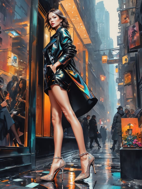 Black shoes covered with diamonds on high heels standing in the showcase of the shoes shop which is located in Frankfurt