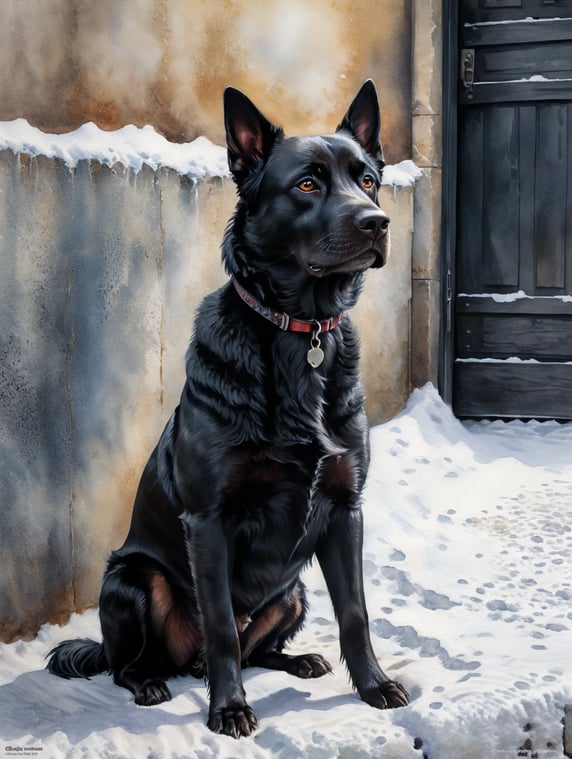 Black dog sitting in the snow in front of a wall, as a watercolour painting, viewed from the front