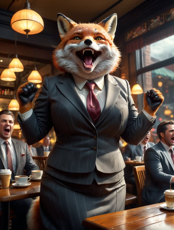 An old chubby fox dressed in woman's suit shouting in the middle of café