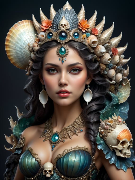 Beautiful siren with seashell crown and scales on her cheeks, three-quarter view bust. Holding a human skull