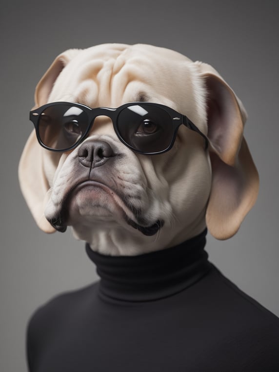 a young black french bulldog with white chin in a (((black turtle neck shirt Andy warhol style))) wearing Ray-Ban sunglasses. sharp focus, highly detailed, photorealistic photoreal: 1.4, lifelike,highly detailed CG unified 8K,looking at the viewer smiling, (HQ skin:1.4), 8k uhd, dslr, soft lighting, high quality, film grain, Fujifilm XT3. black turtle neck shirt