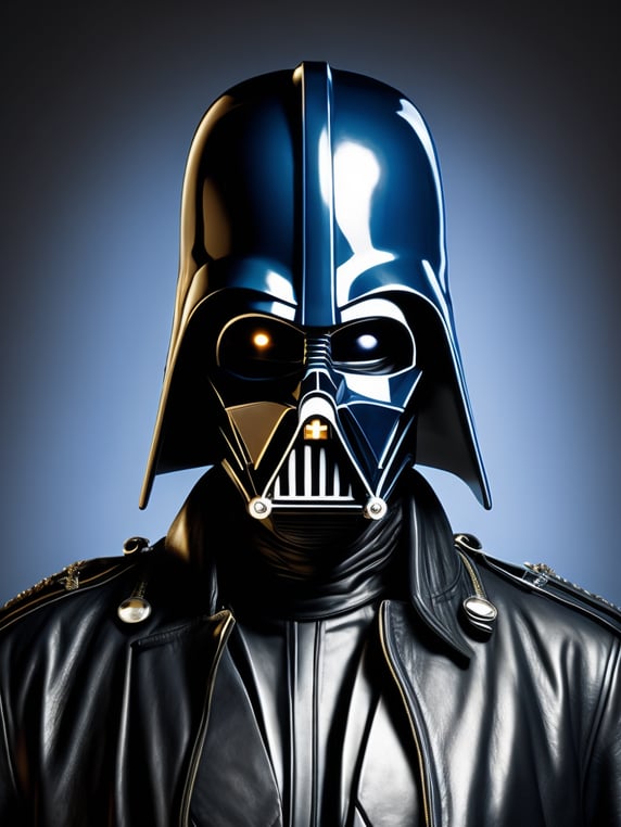 Portrait of Elvis Presley wearing a black leather suit and a Darth Vader helmet. Blue eyes. Black background.