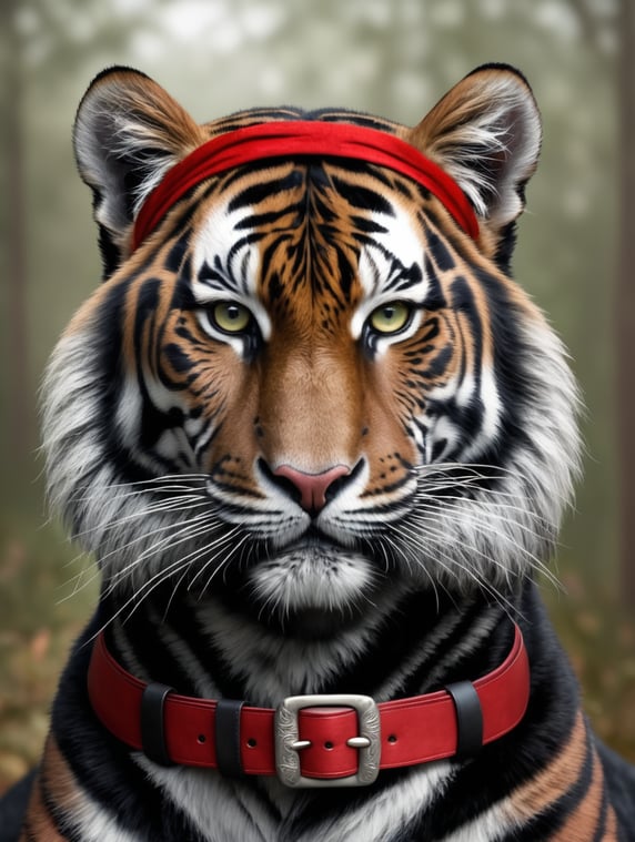 realistic, full grown black tiger, red head band, and red belt